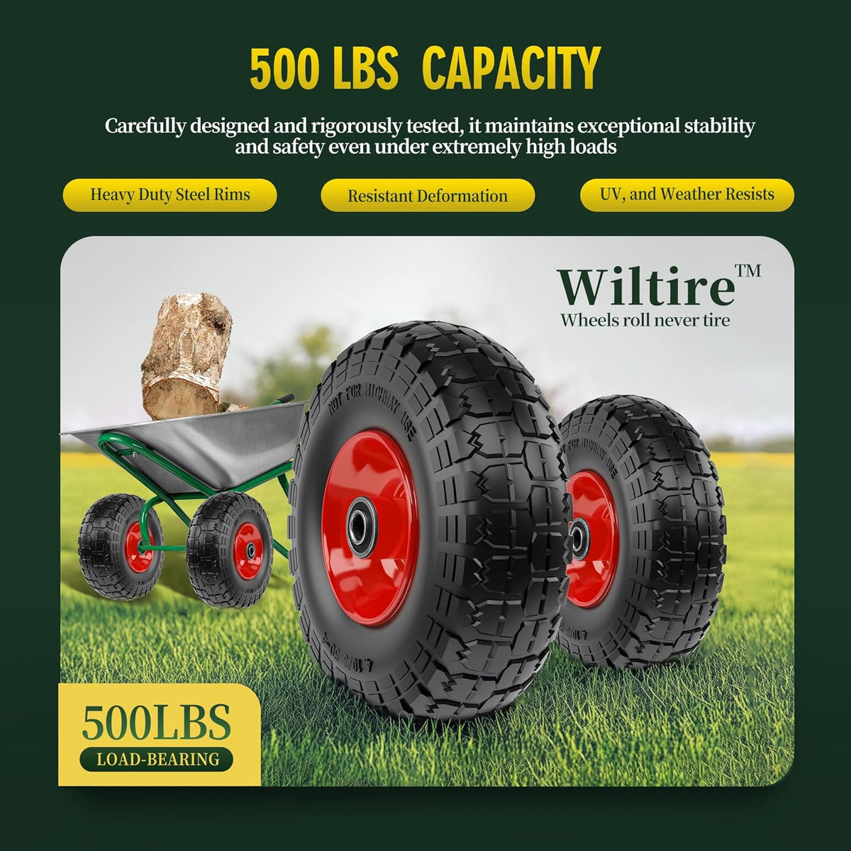 (2 Pack) 4.10/3.50-4 Flat Free Tire and Wheel 10-Inch Solid Wheel Replacement with 5/8