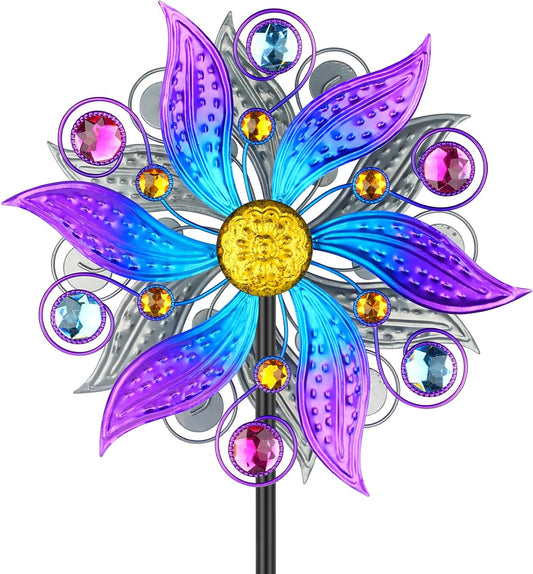 Metal Wind Spinner Outdoor, Purple Flowers Wind Sculpture Spinners with Metal Stake, Yard Art Decor