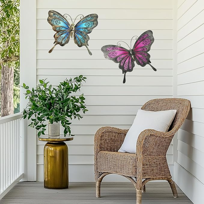 LIFFY Metal Butterfly Wall Decor,2Pack 12" Glass Butterfly Outdoor Wall Art Sculptures,Hanging