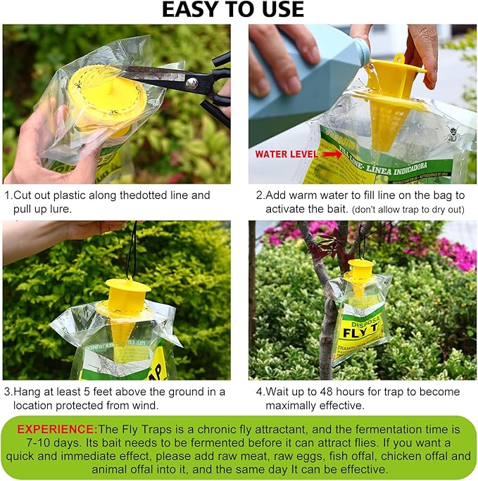 8 Pack Outdoor Hanging Fly Traps, Disposable Flies Killer Trap Bag Catcher with Natural Attractant