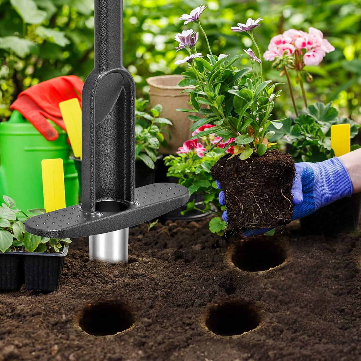 Bulb Planter Tool Long Handle with Stainless Steel Sharp Serrations, Sod Plugger for Lawn & Garden