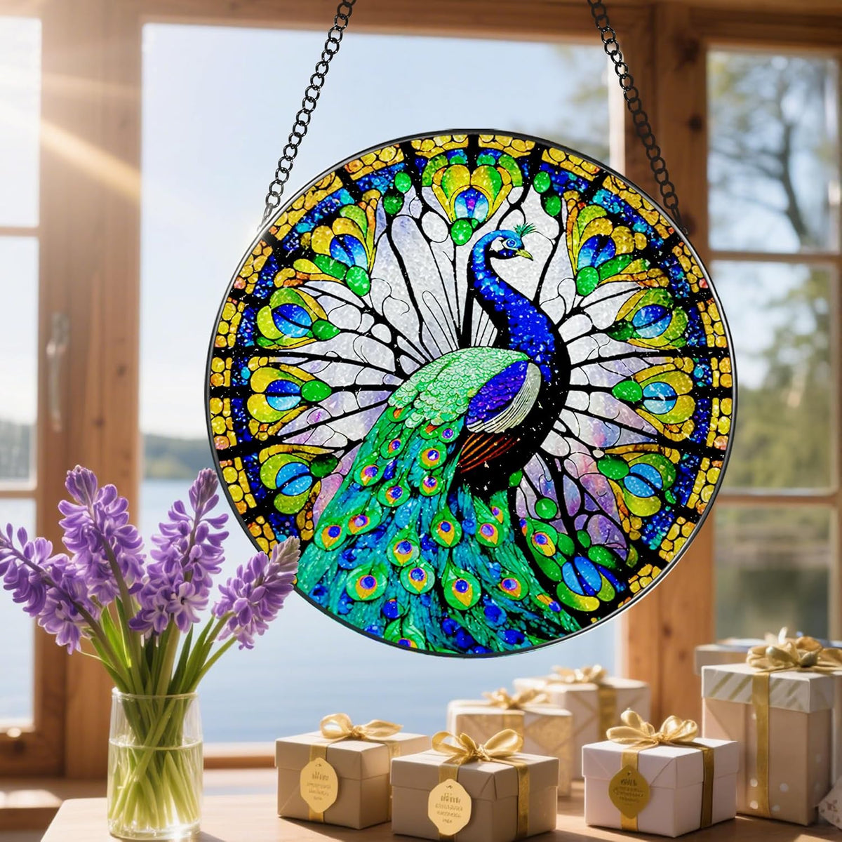 8 Inch Stained Glass Suncatcher Ornament, DOUHASU Peacock Sun Catchers Indoor Window, Stained Glass