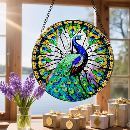 8 Inch Stained Glass Suncatcher Ornament, DOUHASU Peacock Sun Catchers Indoor Window, Stained Glass