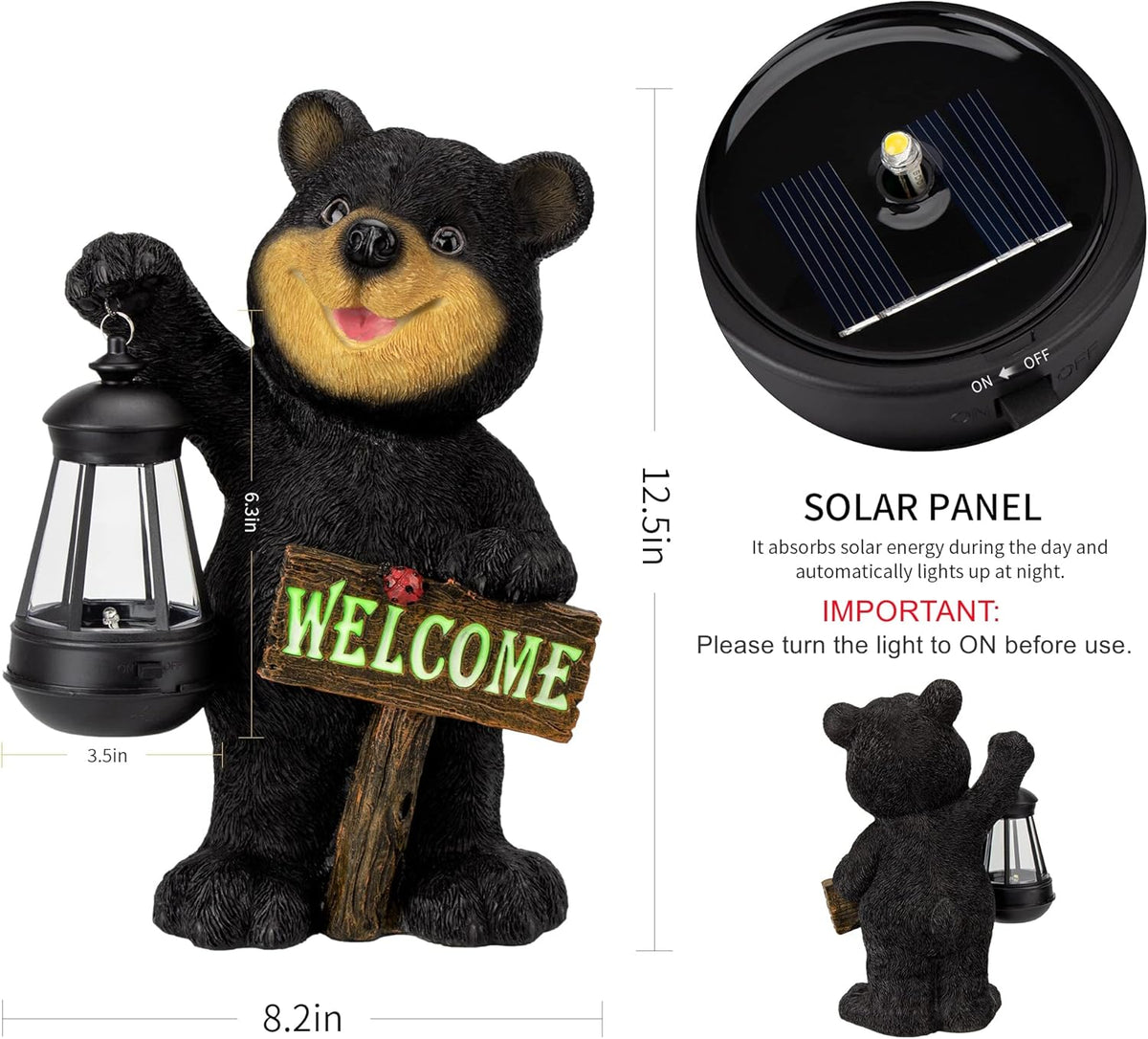 Juegoal Garden Bear Statue with Solar LED Lantern, Luminous Welcome Sign, Gifts for Mom Yard Art