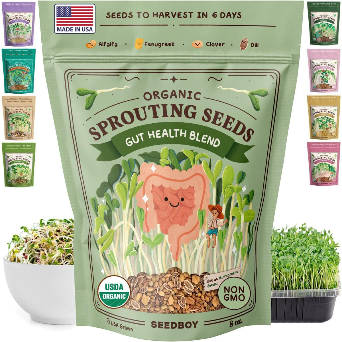 Seedboy Organic Non-GMO Sprouting Seeds, Gut Health Blend – USA Grown Microgreens Mix with Clover