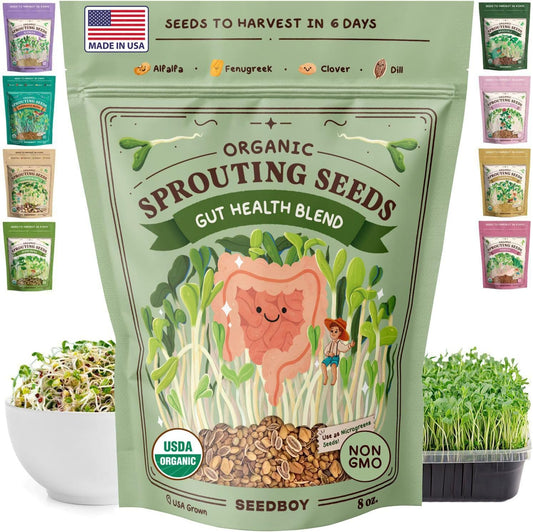 Seedboy Organic Non-GMO Sprouting Seeds, Gut Health Blend – USA Grown Microgreens Mix with Clover