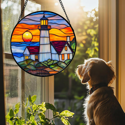 Stained Glass Window Hanging - Sea Lighthouse Suncatcher for Door Terrace Garden Home Decor Sunset