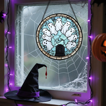 Stained Glass Window Hanging - Halloween Decorations Ghosts Tombstones Suncatcher for Doors Garden