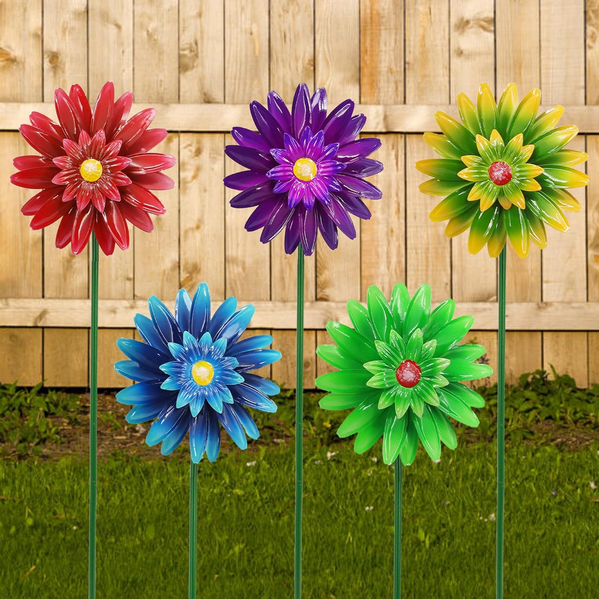 Metal Flower Wind Spinner Garden Lawn Stakes Yard Art, 27inch Lawn Windmill Ornaments Outside