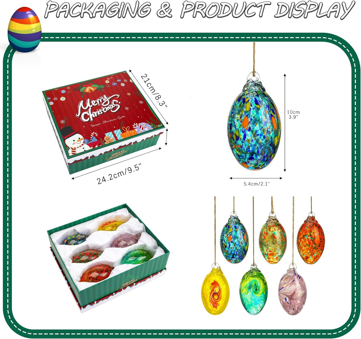 6PCS Hand Blown Glass Egg Ornaments Colorful Hanging Ornament Balls Gazing Ball Friendship Ball