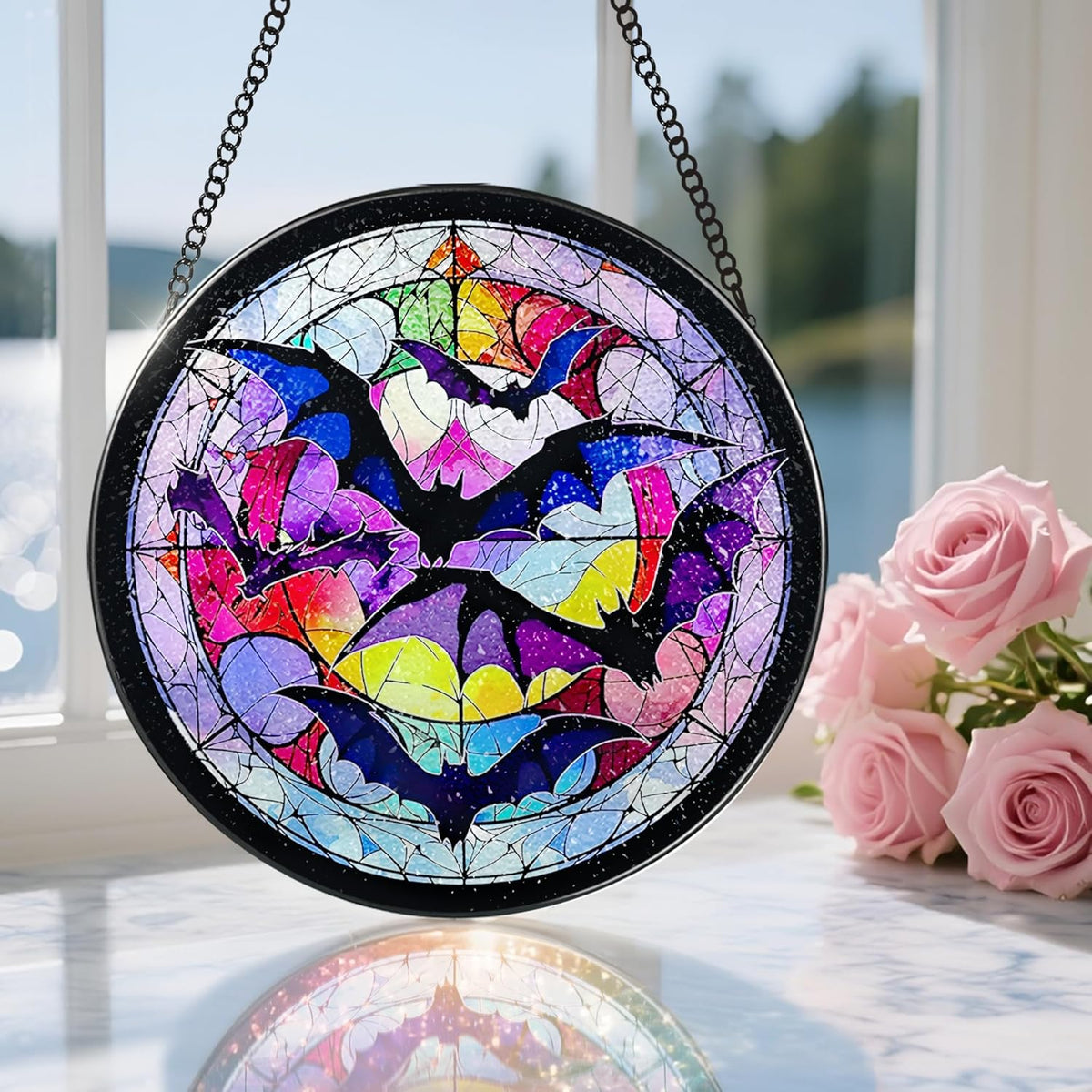 8 Inch Stained Glass Suncatcher Ornament, DOUHASU Bat Sun Catchers Indoor Window, Stained Glass