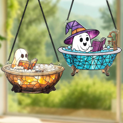 2 Boo Bathtub Acrylic Suncatchers, Gothic Cute Ghost Reading Book Window Hanging Ornaments