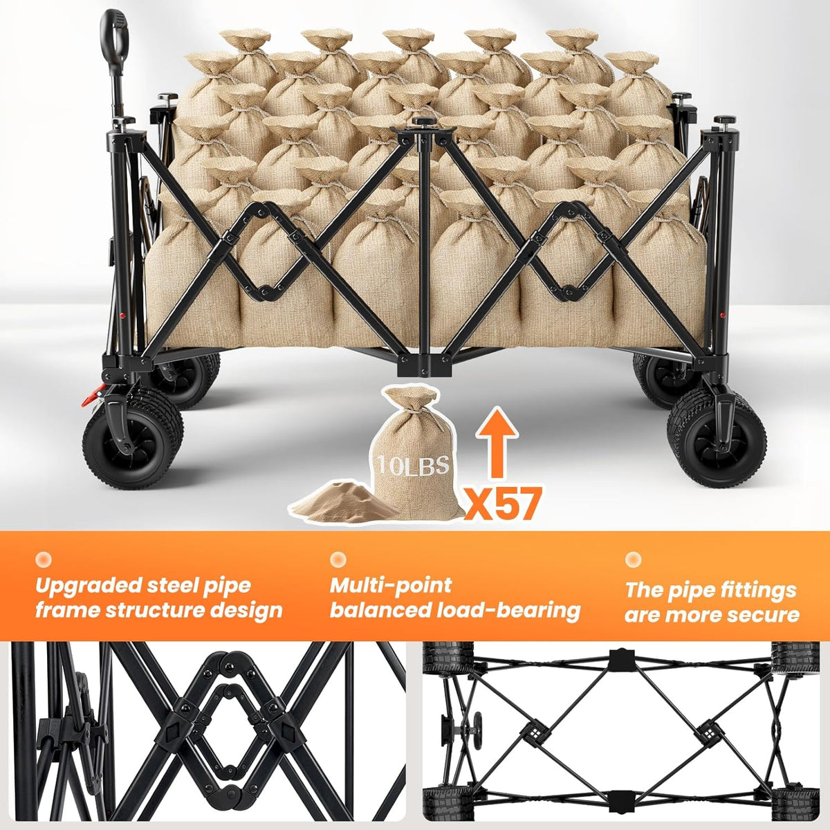 Collapsible Wagon Carts 570LBS Weight Capacity Foldable Beach Wagon with Big All-Terrain Wheels