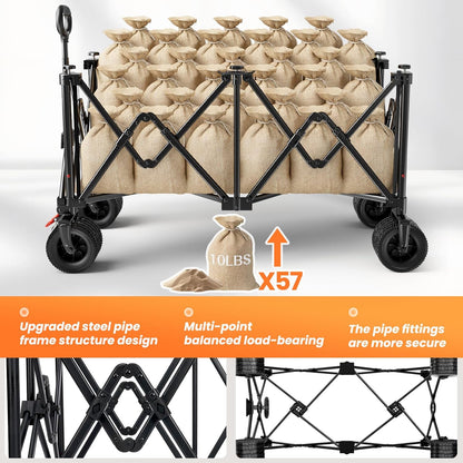 Collapsible Wagon Carts 570LBS Weight Capacity Foldable Beach Wagon with Big All-Terrain Wheels