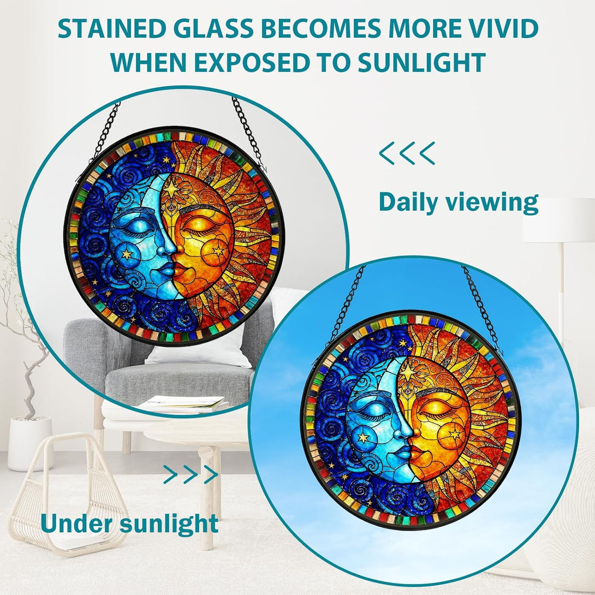 Sun and Moon Stained Glass Window Hanging, Suncatcher for Window Hanging, Moon Sun Catchers Indoor