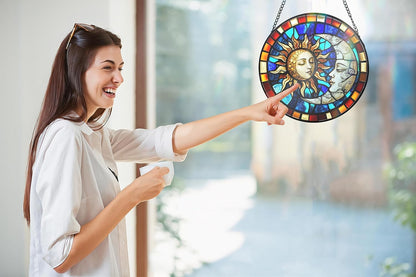 Sun and Moon Decorative Stained Glass Sun Catcher - Handcrafted 7.87 Inch Celestial Decoration