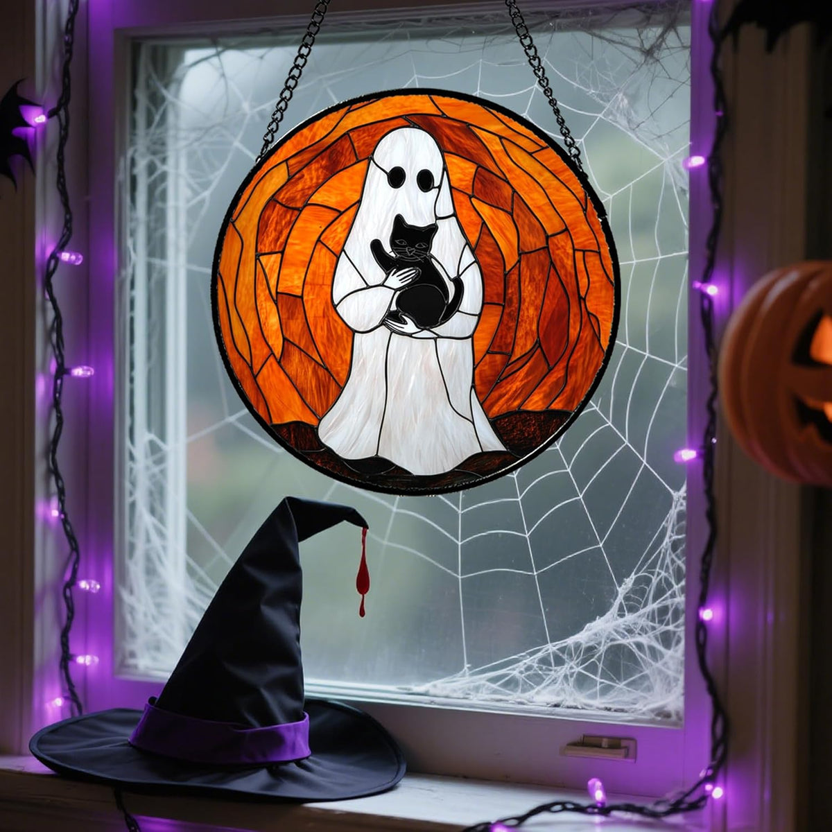 Stained Glass Window Hanging - Halloween Cute White Ghost Black Cat Suncatcher for Doors Garden