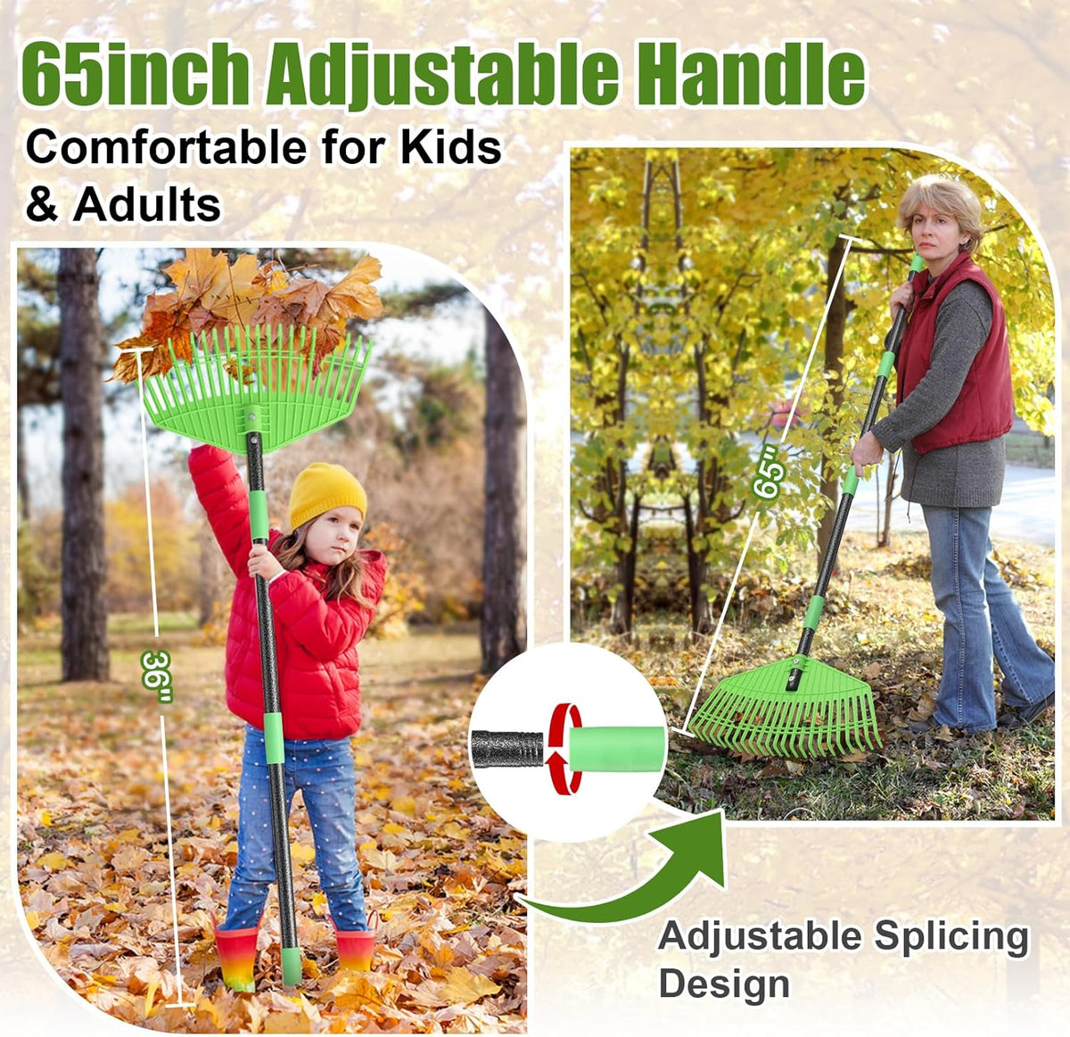 Plastic Leaf Rake with Adjustable 65'' Handle - Lightweight Outdoor Yard Rakes for Leaves,Grass &