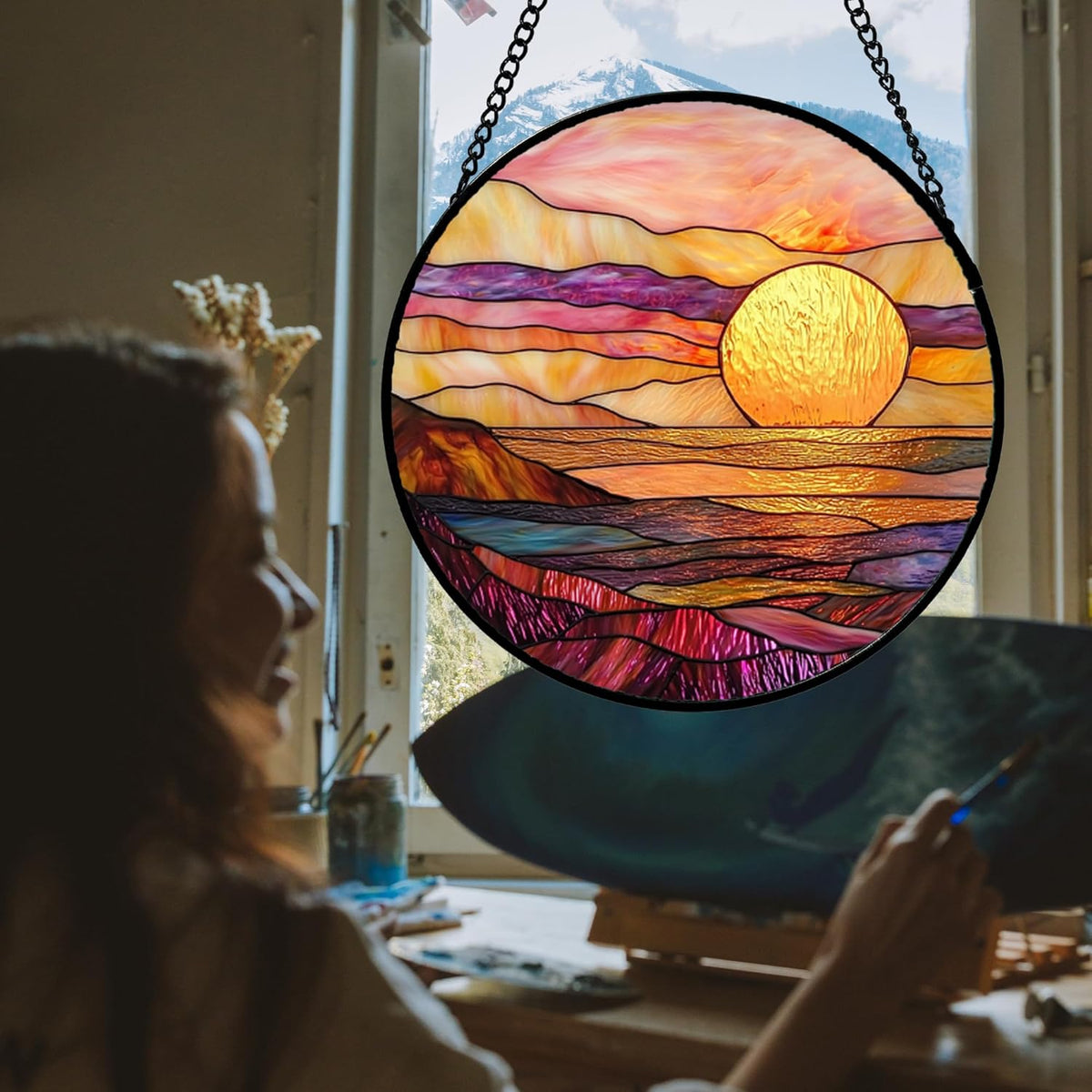 Stained Glass Window Hanging, Sparkling Sea Suncatcher Diamond Glass Panel Hangings Scenery Sun