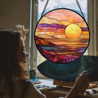 Stained Glass Window Hanging, Sparkling Sea Suncatcher Diamond Glass Panel Hangings Scenery Sun