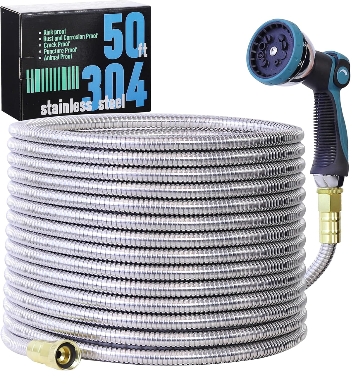 50FT Garden Hose, 304 Stainless Steel Water Hose, Flexible with a 10-Mode Nozzle Sprayer, No Kink