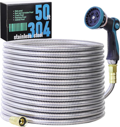 50FT Garden Hose, 304 Stainless Steel Water Hose, Flexible with a 10-Mode Nozzle Sprayer, No Kink