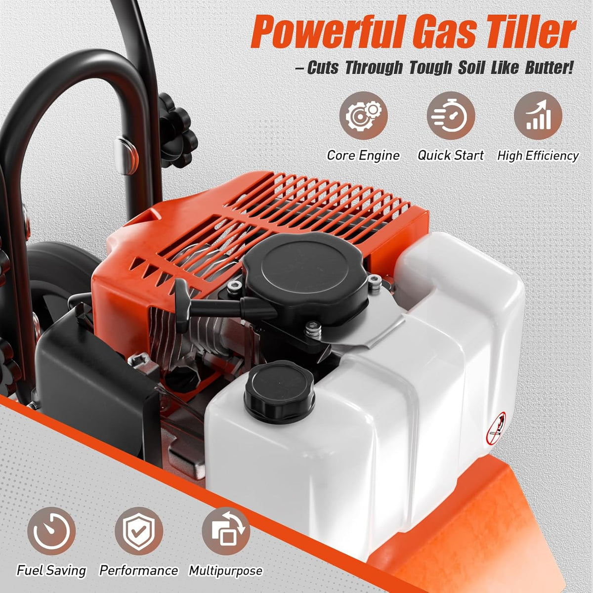 62cc Gas Tiller Cultivator, 10-Inch 2-Cycle Gas Powered Garden Tiller for Heavy Duty Soil