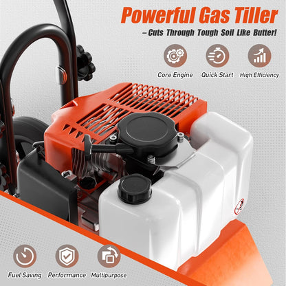 62cc Gas Tiller Cultivator, 10-Inch 2-Cycle Gas Powered Garden Tiller for Heavy Duty Soil