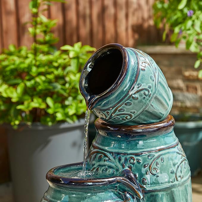 Glitzhome 27.25" H Outdoor Garden Water Fountain with LED Lights and Pump, 4 Tier Turquoise