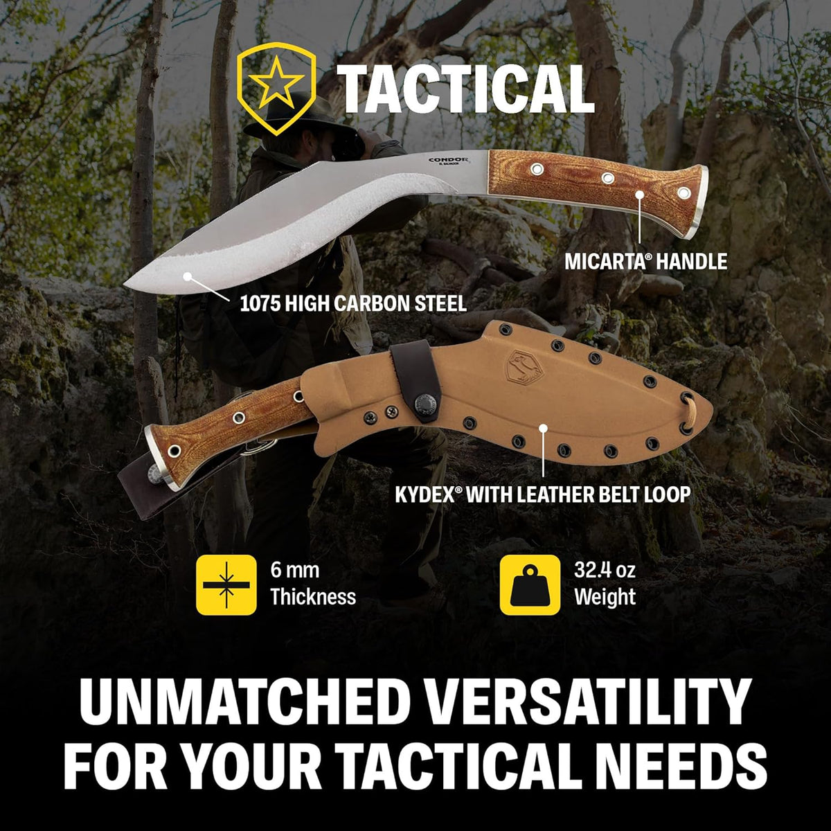 Condor Tool & Knife K-tact Kukri Knife Desert | Gardening Machete | Micarta Handle | Kydex with