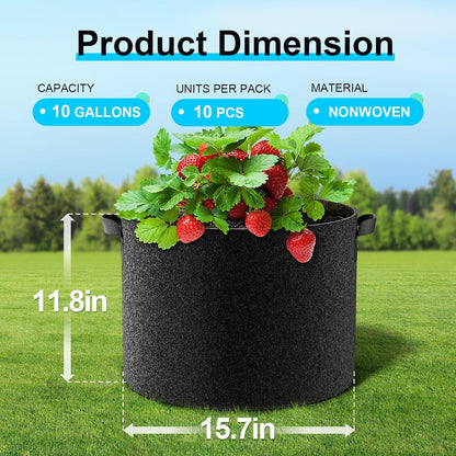 Land Guard 10-Pack Fabric Grow Bags 10 Gallon, Thickened Nonwoven Garden Pots, Growing Bags with