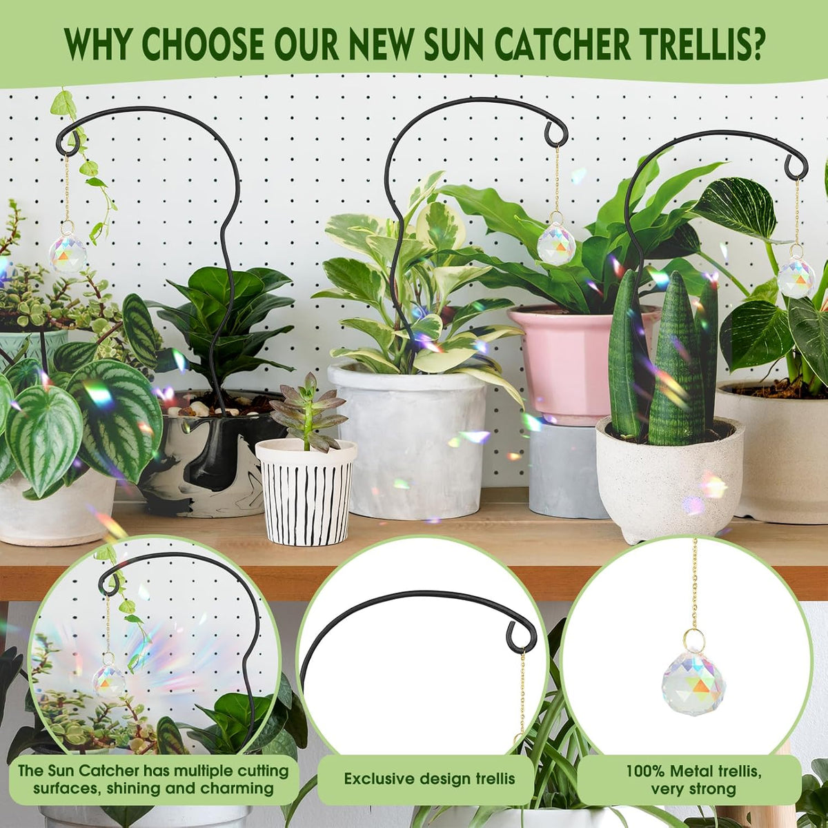 Plant Trellis for Potted Plants with Colorful Crystal Sun Catcher, 17.5 Inch Metal Plant Stakes for