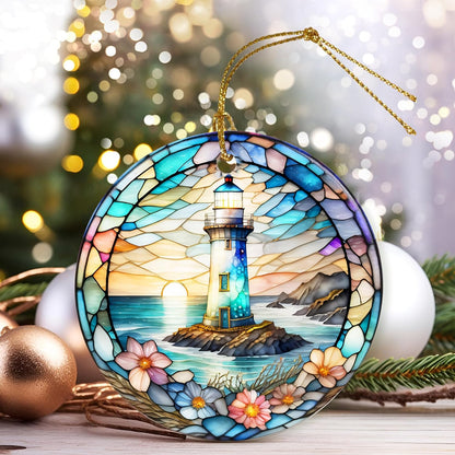 Colorful Ceramic Lighthouse Christmas Ornament for Tree, Holiday Decorations, Christmas Decor