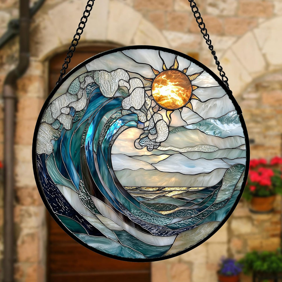 Stained Glass Window Hanging, Blue and White Waves Suncatcher Diamond Glass Panel Landscape Sun