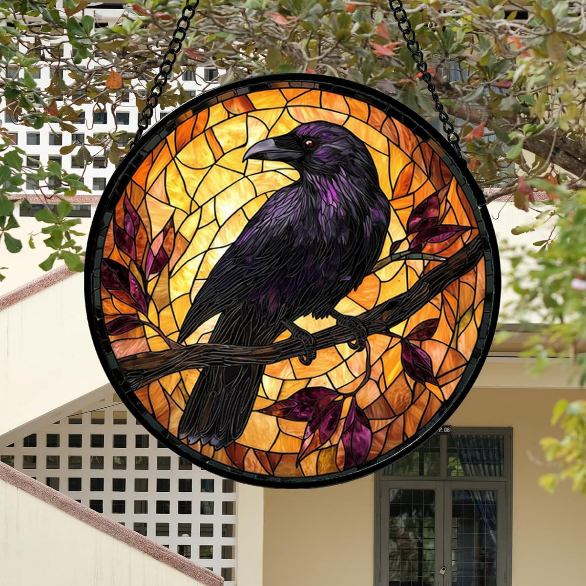 Stained Glass Window Hanging - Crow on a Branch Suncatcher Ready to Hang Window Doors Home