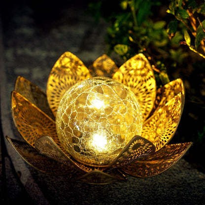 Solar Lights Outdoor Waterproof Lotus Flower Metal Yard Art Decoration Crackle Globe Glass Solar