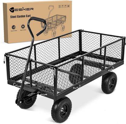 Yesker Steel Garden Carts - 1100lbs Dump Wagon with All Terrain Inflatable Wheels for Yard Lawn
