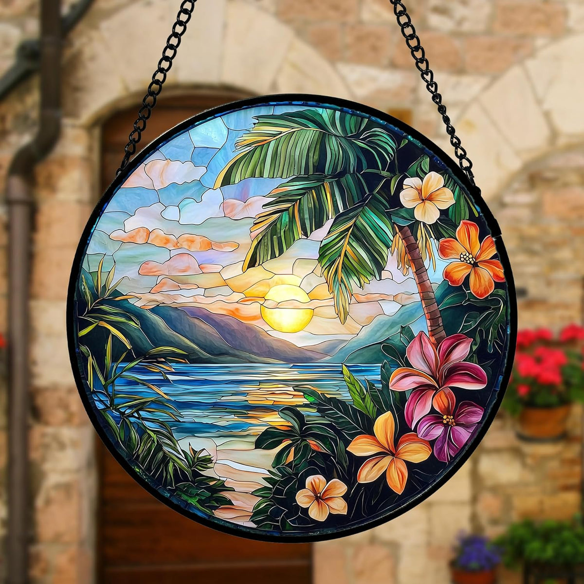 Stained Glass Window Hanging, Colorful Landscape Suncatcher for Doors Home Sun Catchers Decoration