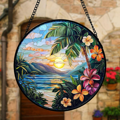 Stained Glass Window Hanging, Colorful Landscape Suncatcher for Doors Home Sun Catchers Decoration