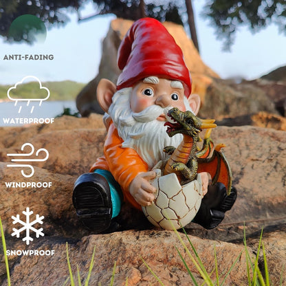 Fantasy Dragon Gnome Garden Statue - 6.8" Weatherproof Resin Garden Gnome with Baby Dragon, Unique