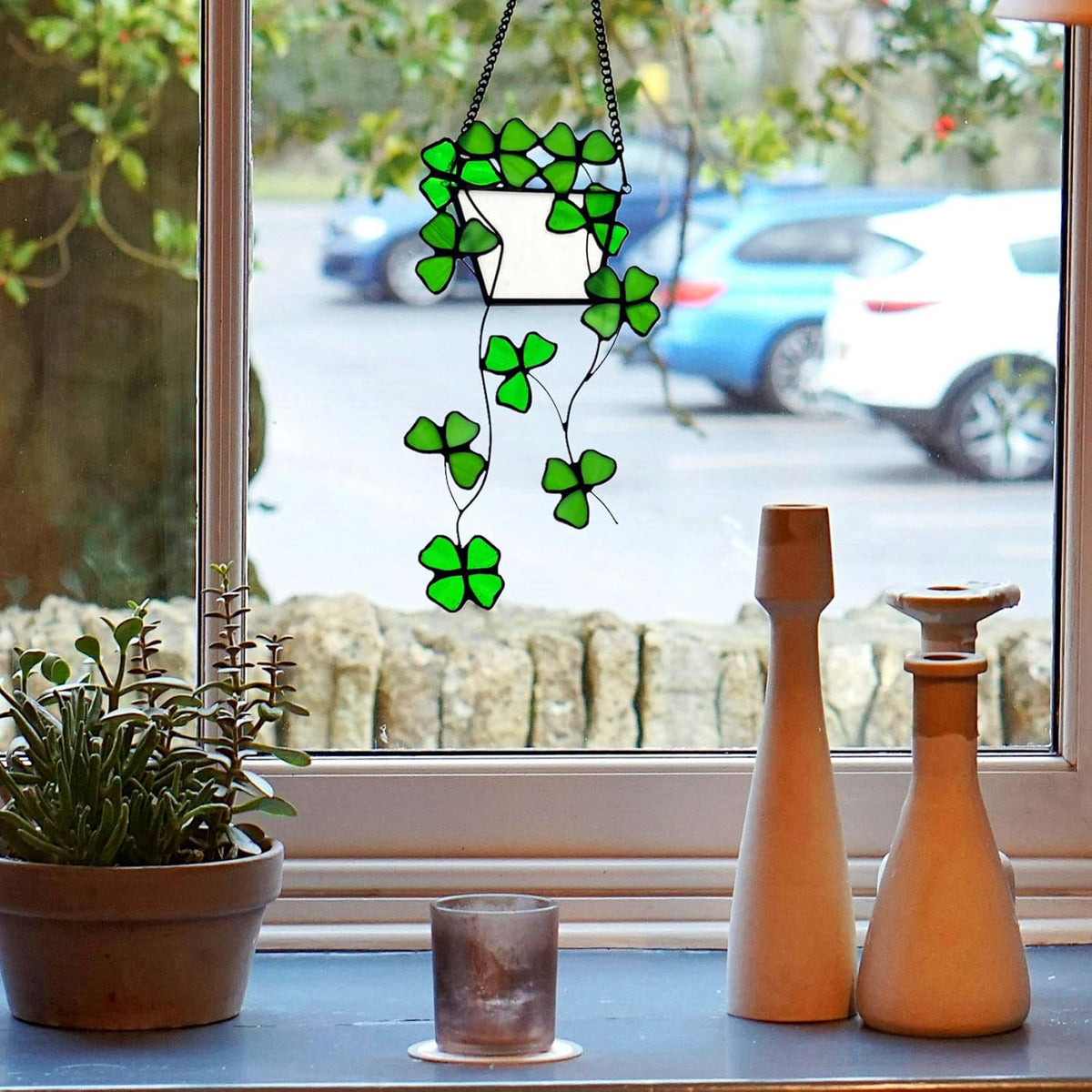 Stained Glass Four Leaf Clover Decor Suncatcher for Window, Artificial Green Plants Stained Glass