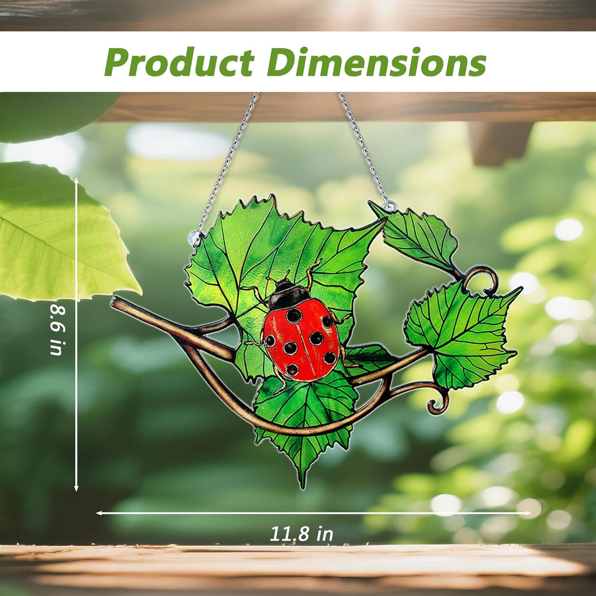Stained Glass Suncatcher Window Hanging, Ladybug Sun Catchers Indoor Window, Green Leaves and
