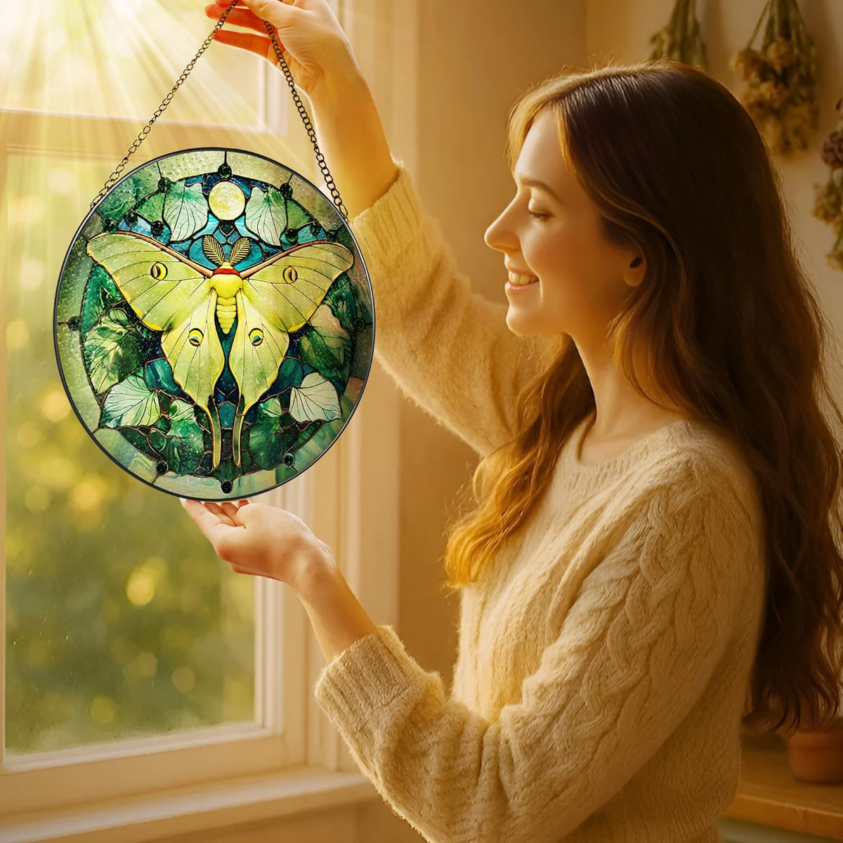 Luna Moth Sun Catcher, 8 Inch Stained Glass Suncatcher, Stained Glass Window Hanging, Luna Moth