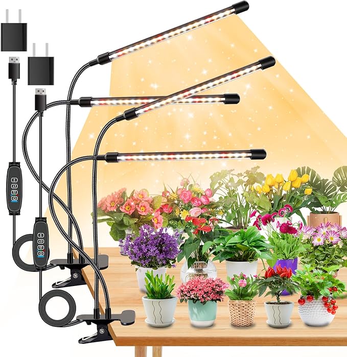 4 Heads Grow Lights for Indoor Plants, Full Spectrum LED Plant Lamps with Clips and 120 inch Cables