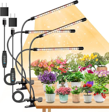 4 Heads Grow Lights for Indoor Plants, Full Spectrum LED Plant Lamps with Clips and 120 inch Cables