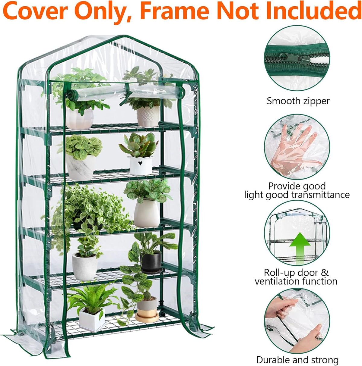 DECOHS Extra Wide 5 Tier Greenhouse Replacement Cover- 75 x 40 x 19 Inch Clear PVC Plant Gardening