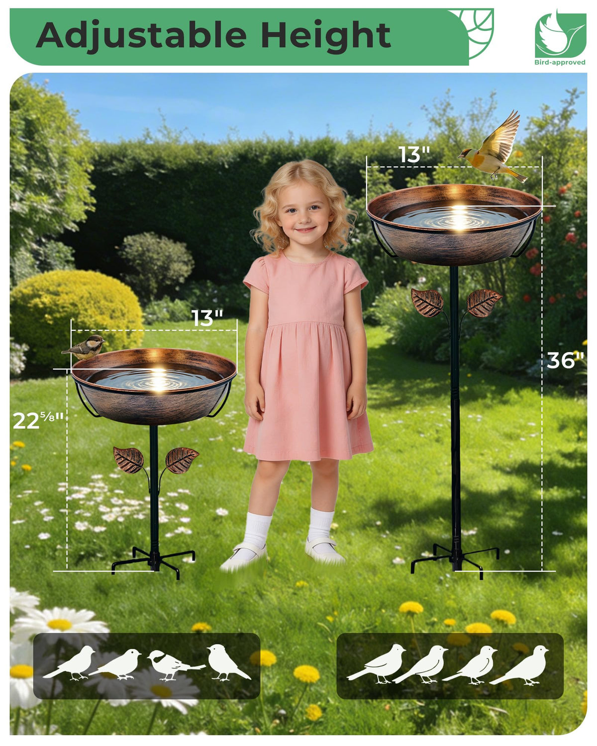 OUISJYER 13" Metal Bird Bath for Outside 3" Deep Removable Bowl with Stake