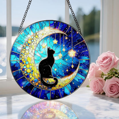 8 Inch Stained Glass Suncatcher Ornament, DOUHASU Black Cat Sun Catchers Indoor Window, Stained