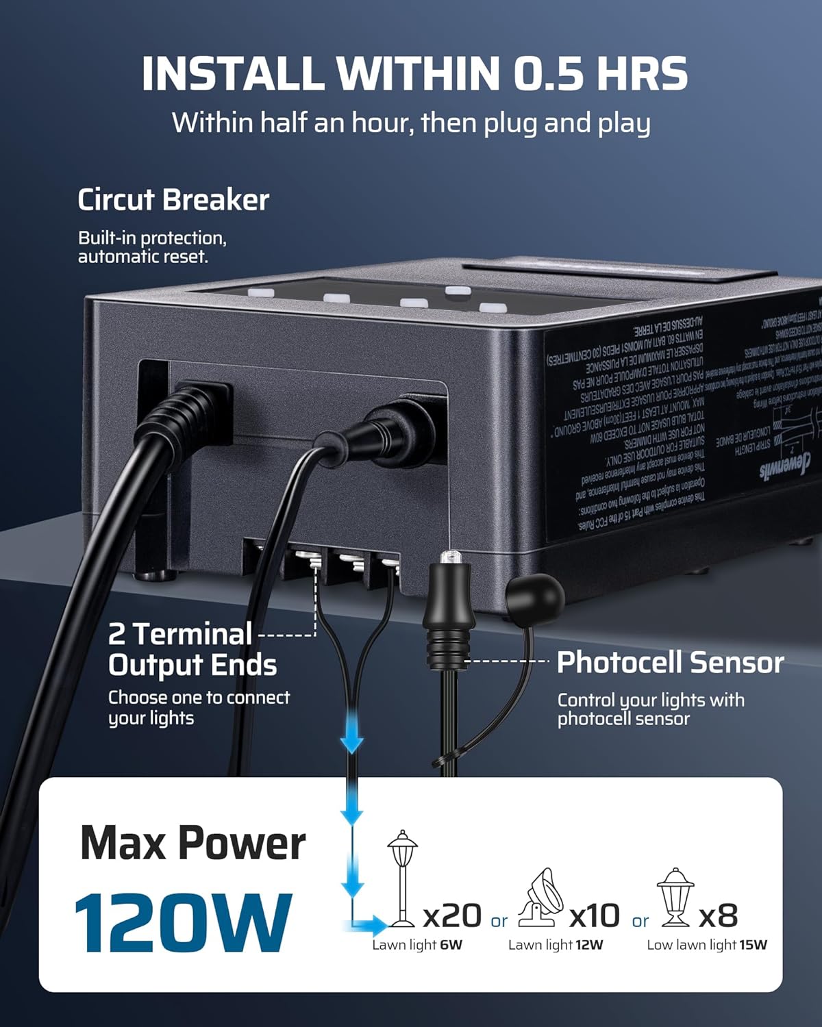 DEWENWILS 120W Low Voltage Transformer with Photocell Sensor & Timer, 120V AC to 12V DC