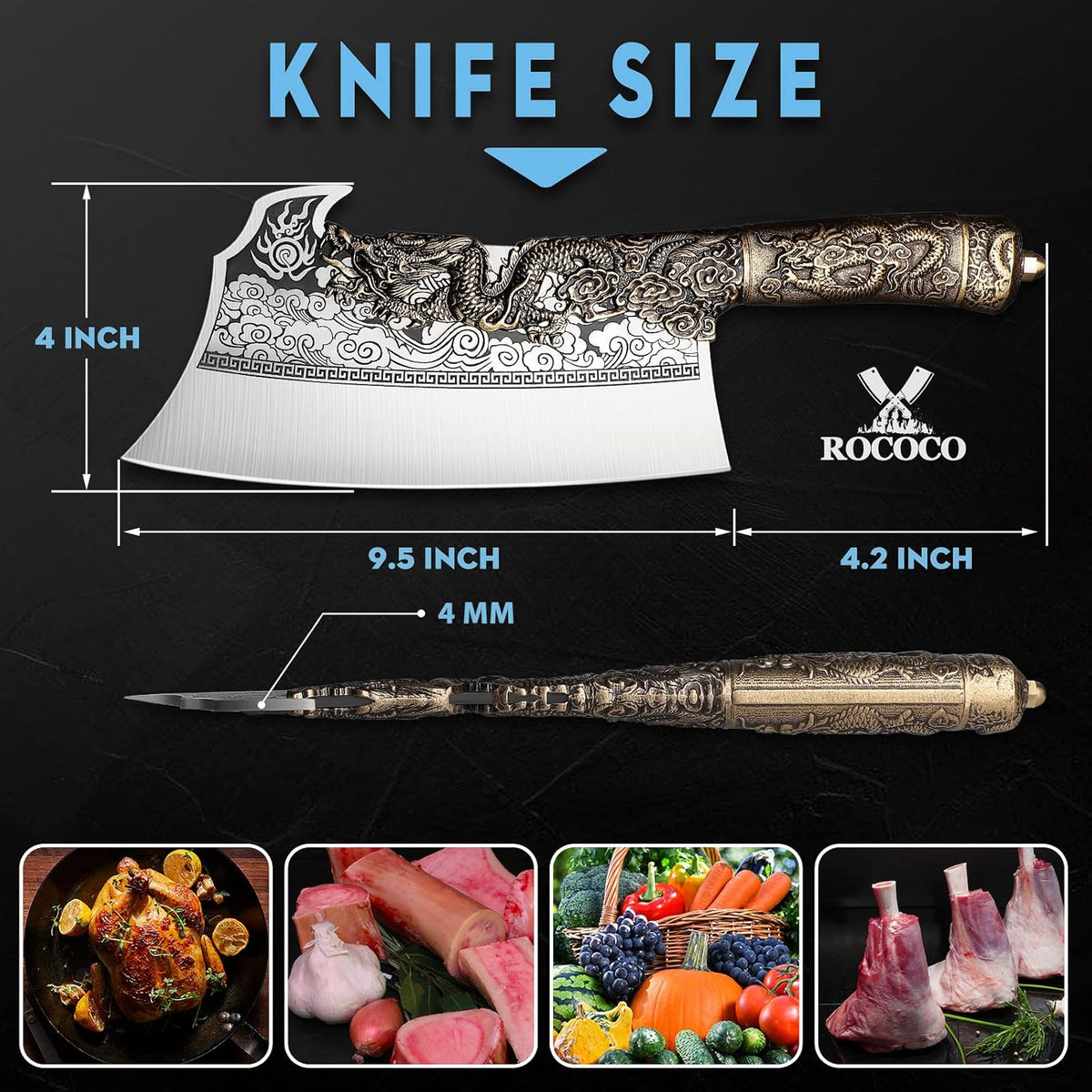ROCOCO 2lb Dragon Butcher Knife Heavey Duty Cleaver Knife for Meat Bone Cutting 9.5" Cool Big